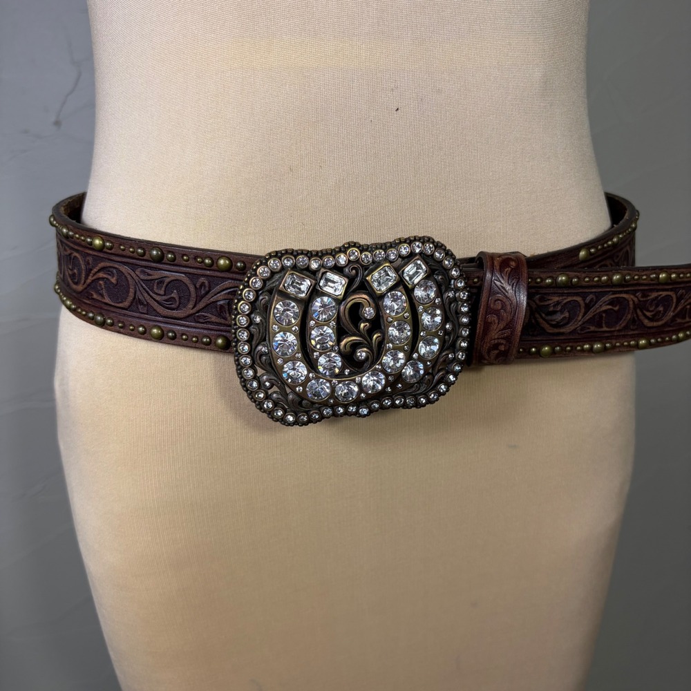 Tony Lama Embellished Leather Belt Womens 34 Brown Floral Embossed Western